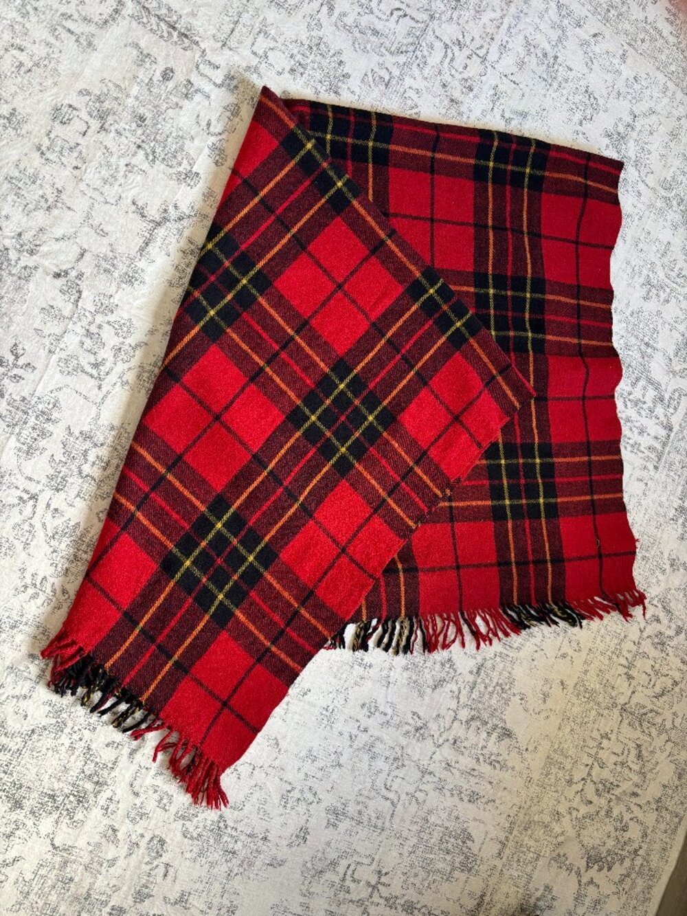 Vintage Clyde Red Tartan Plaid Throw Blanket with Fringe - Made in Italy - Wool